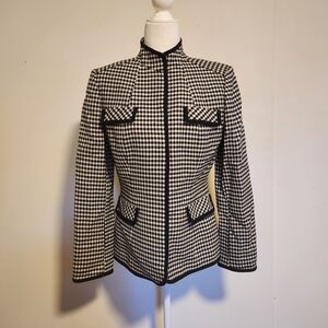 Tahari 100% Wool Houndstooth Black White Blazer Suit Jacket 6 EUC